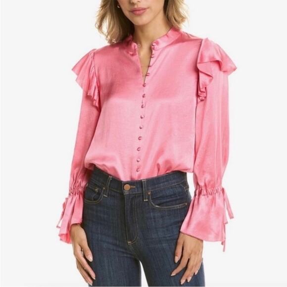 Alice + Olivia | Womens Barbie Pink Brayden Ruffled Satin Blouse Tie Sleeves Top - Picture 4 of 10